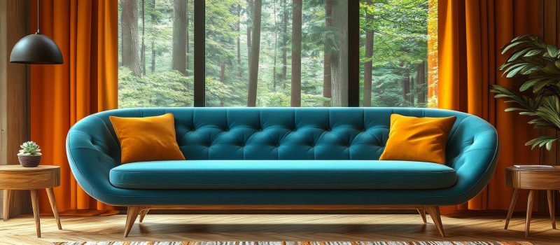 A cozy living room featuring a blue sofa, large windows, and warm lighting, creating an inviting atmosphere.